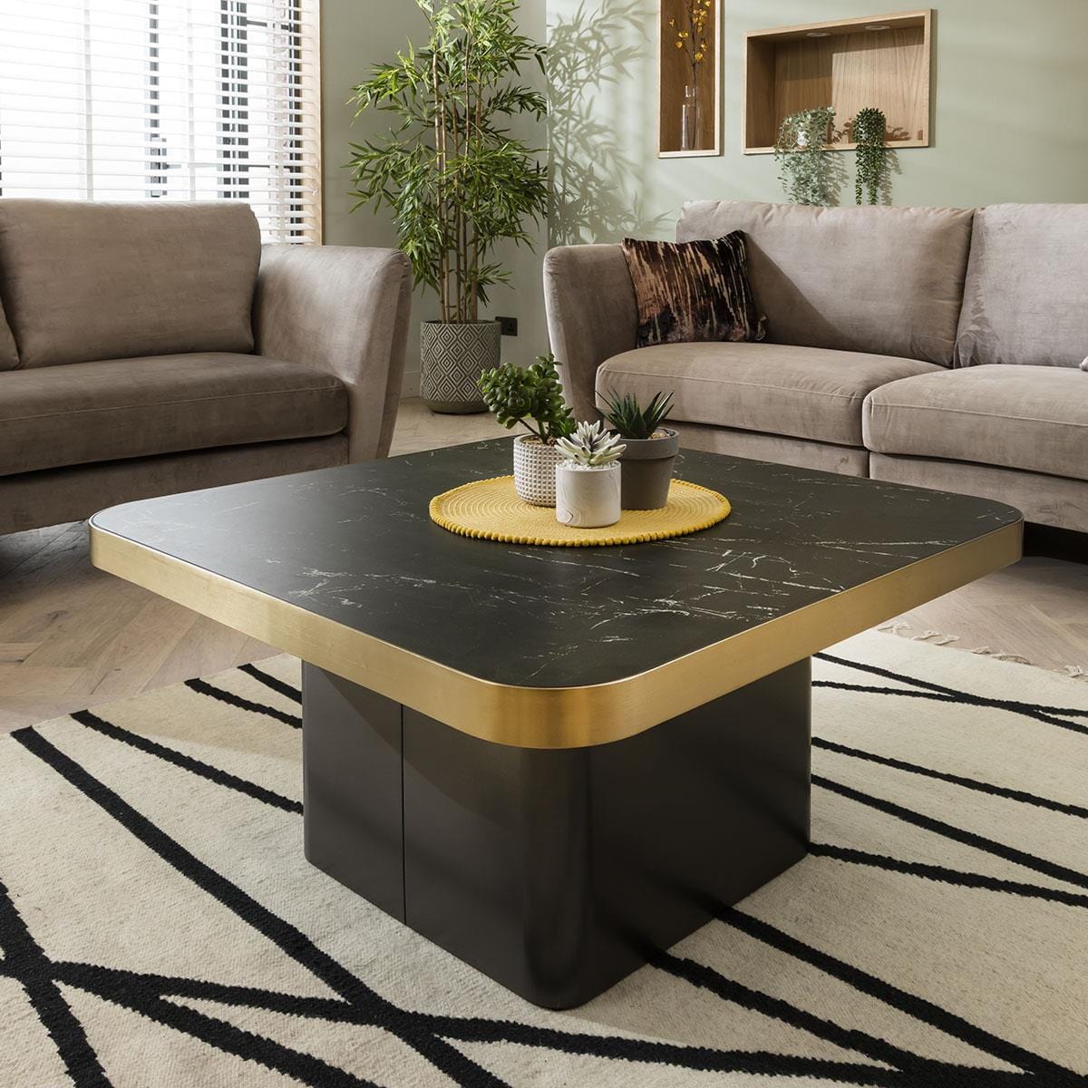 Premium Set of 2 Ceramic Marble Top Large Coffee Tables White & Black Square