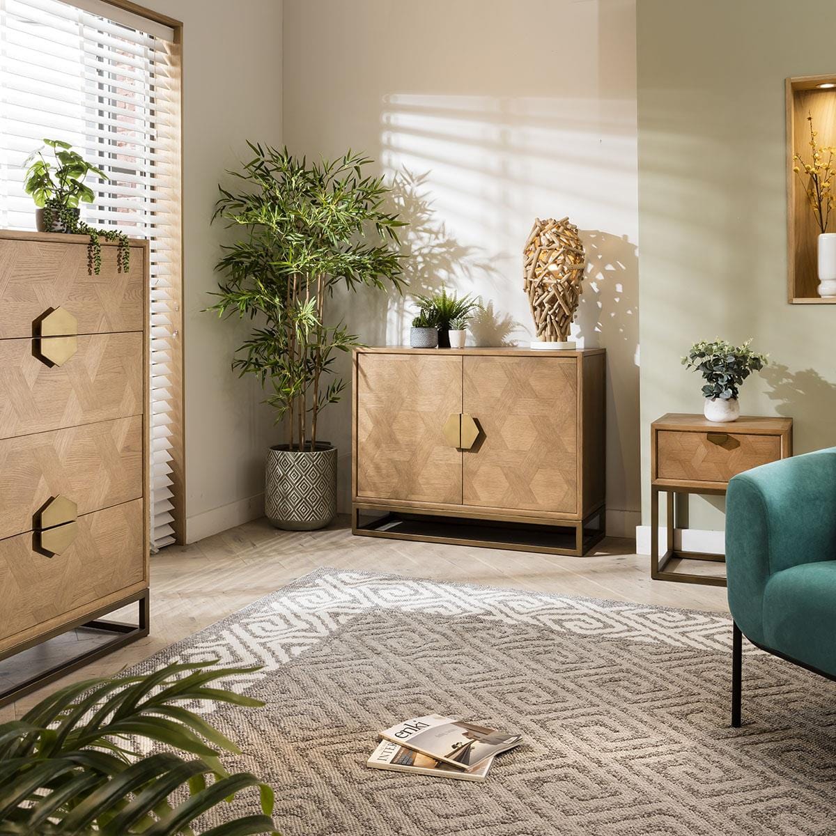 Hemingway 2 Door Sideboard Buffet Oak & Gold Brown 108cm