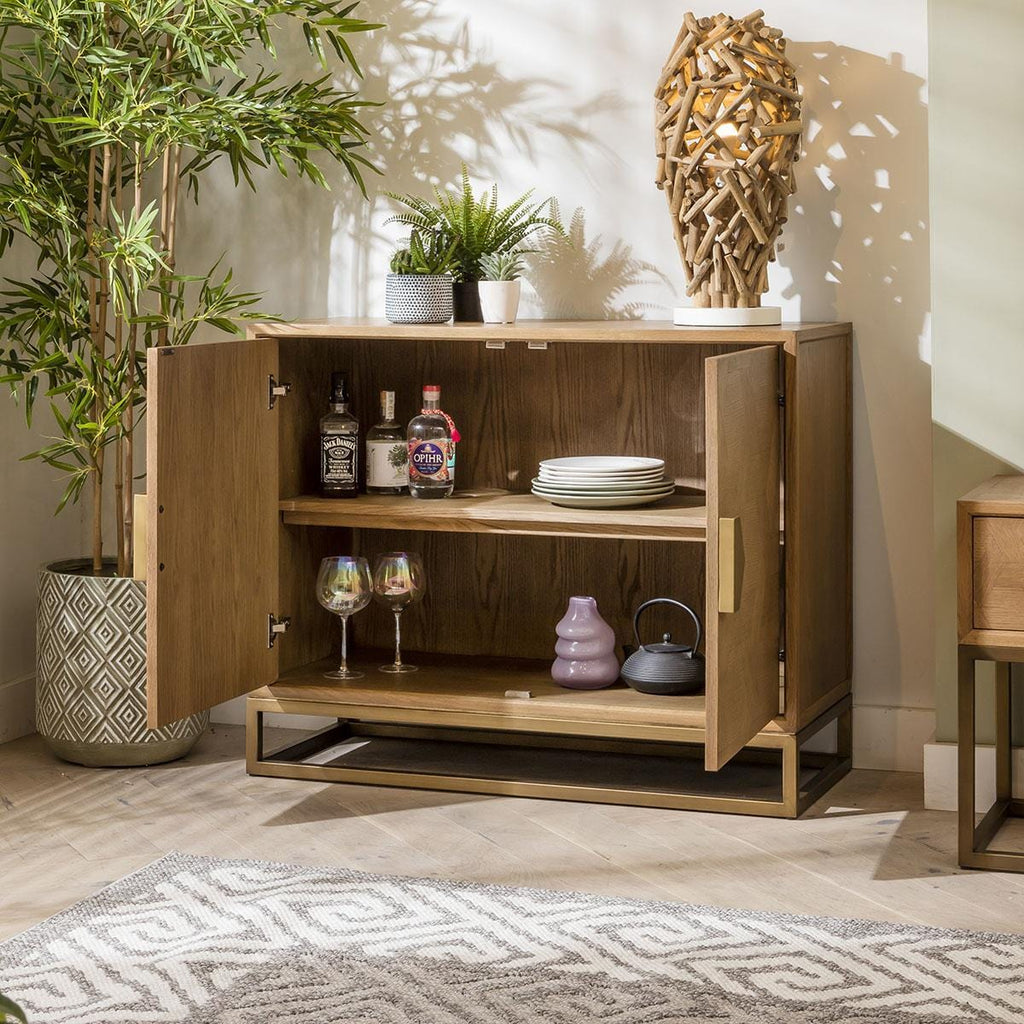 Hemingway 2 Door Sideboard Buffet Oak & Gold Brown 108cm