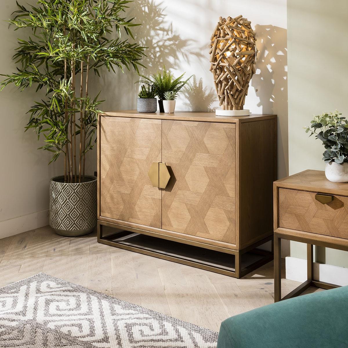 Hemingway 2 Door Sideboard Buffet Oak & Gold Brown 108cm