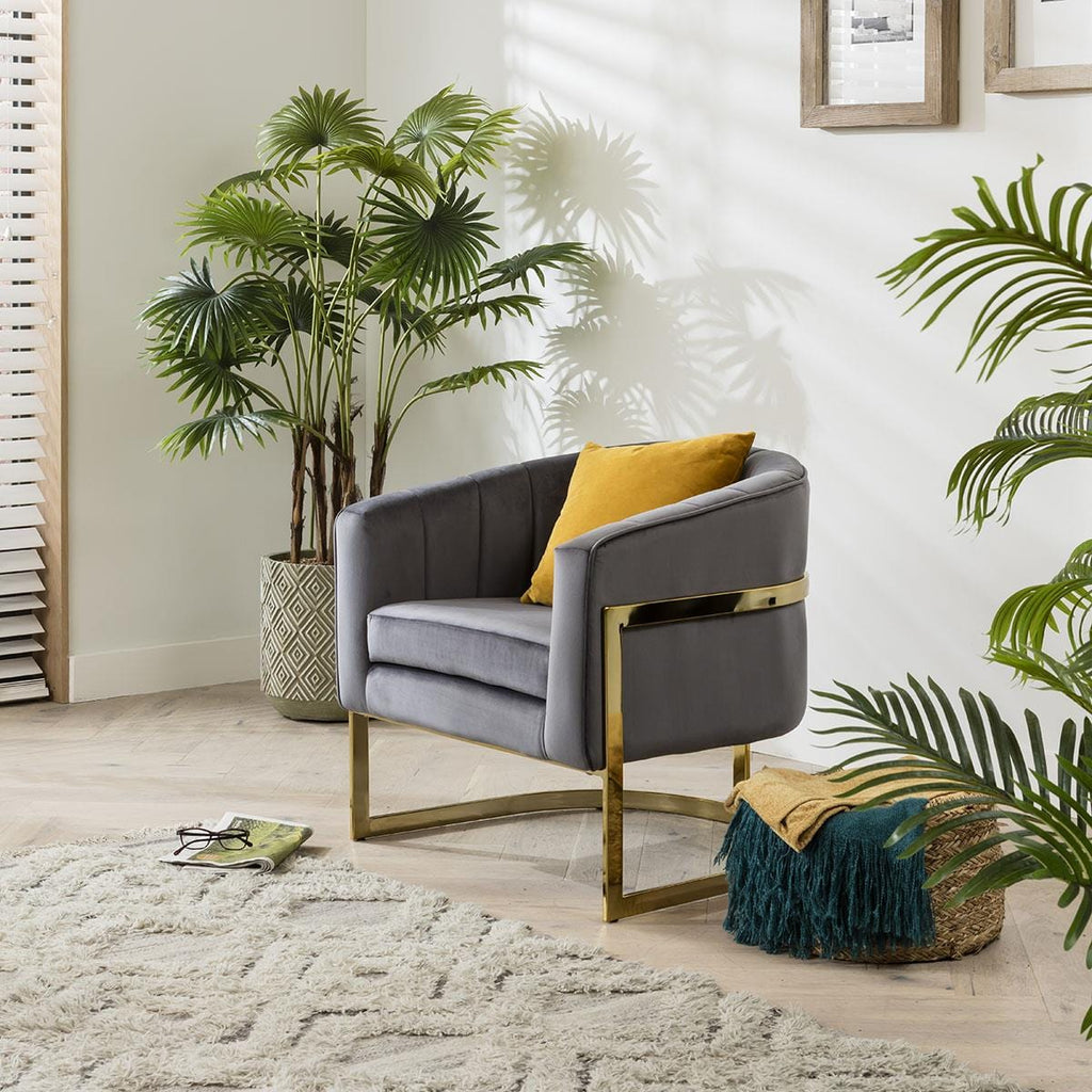 Quatropi Accent Chair Grey Velvet Tufted Curved Back on Gold Frame