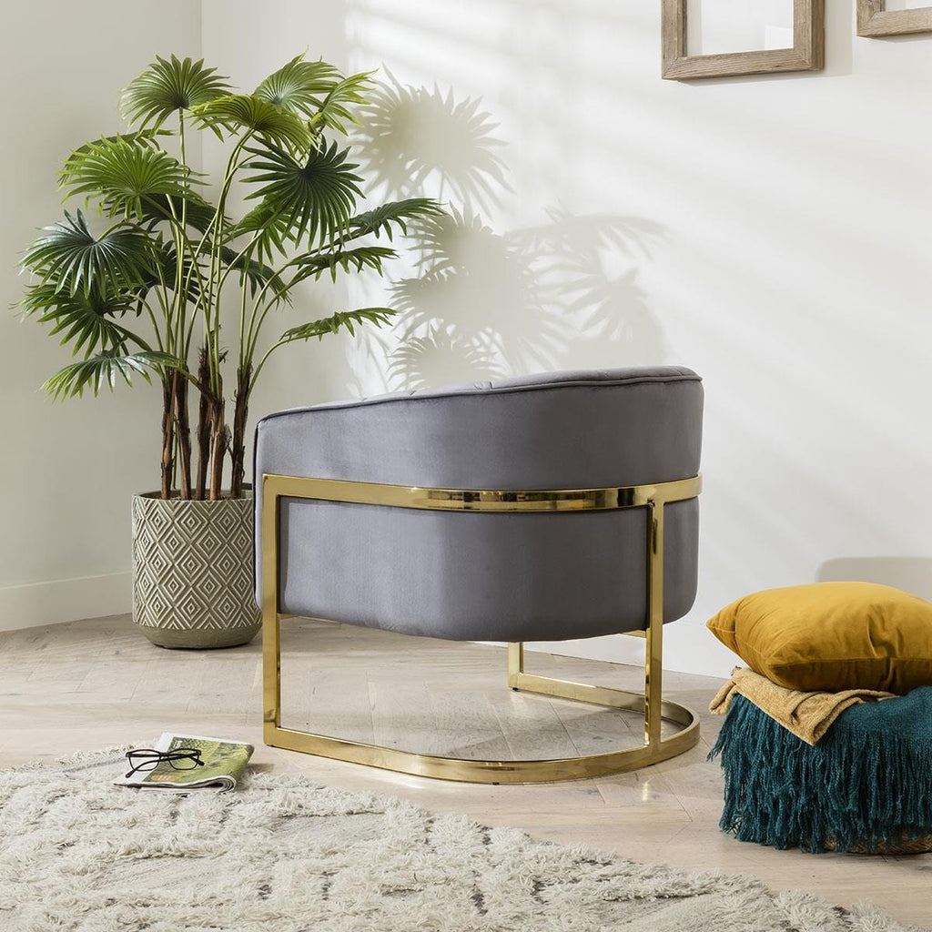 Quatropi Accent Chair Grey Velvet Tufted Curved Back on Gold Frame