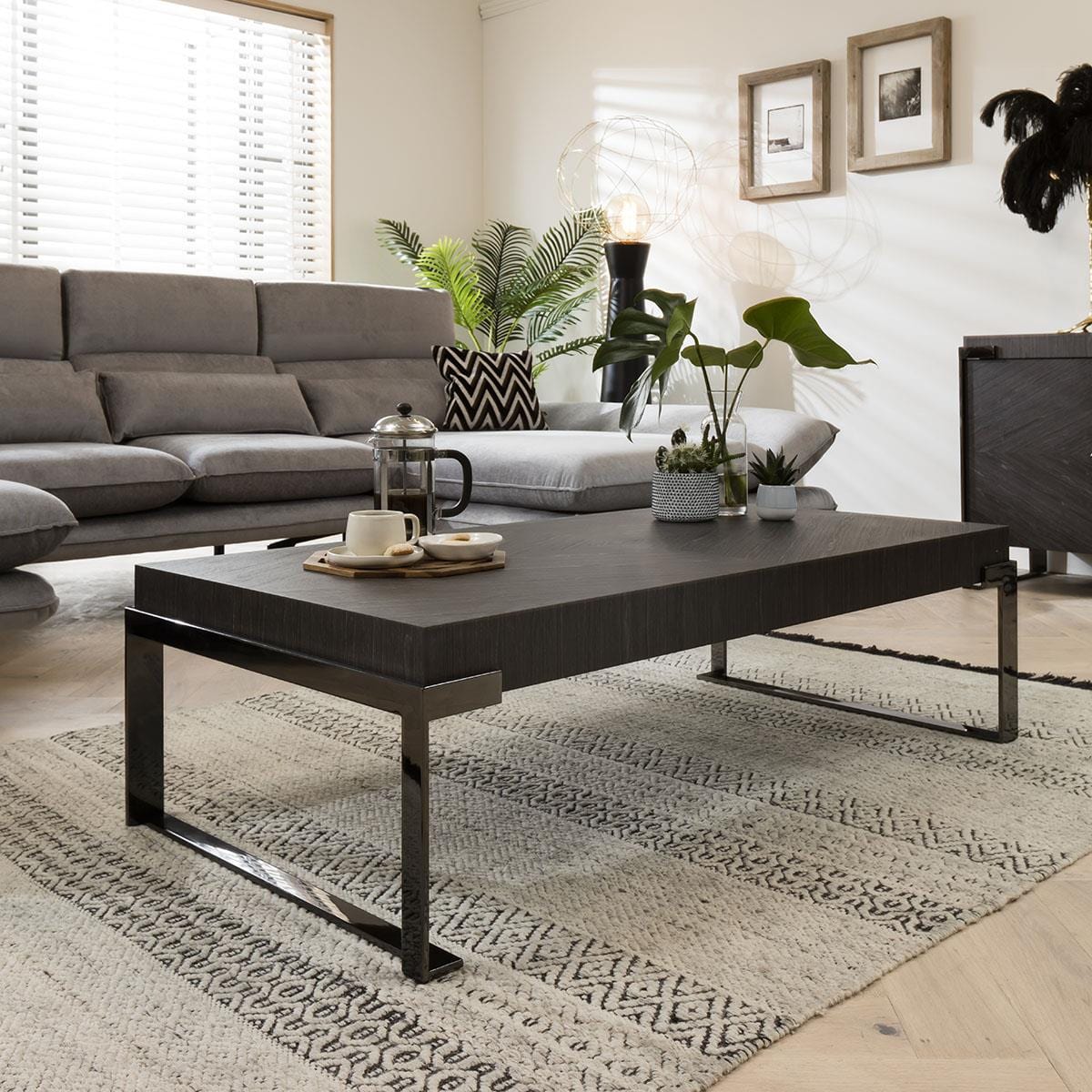 Quatropi Coffee Table Rectangle Smoked Oak Wood Finish & Rifle Grey Metal Legs