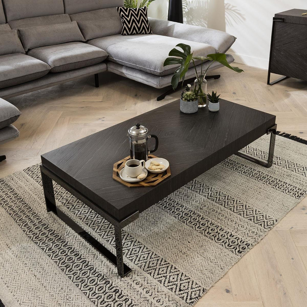 Quatropi Coffee Table Rectangle Smoked Oak Wood Finish & Rifle Grey Metal Legs