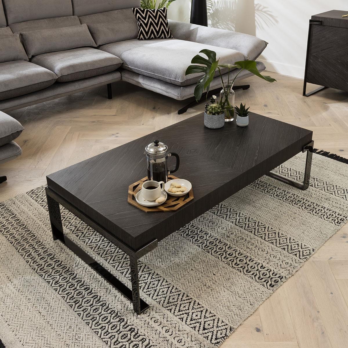 Quatropi Coffee Table Rectangle Smoked Oak Wood Finish & Rifle Grey Metal Legs