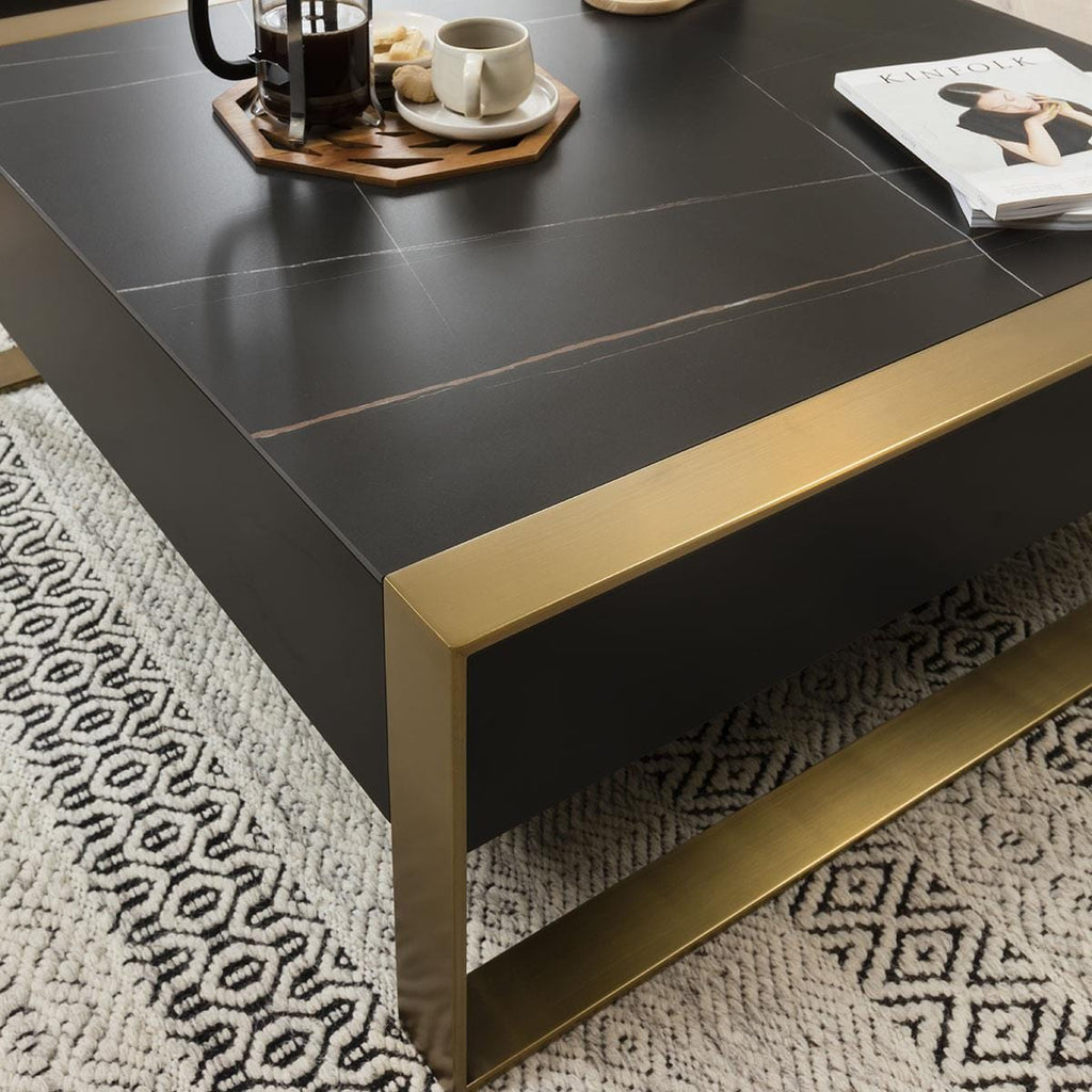 Quatropi Coffee Table Square Matte Black with Brass Frame & Black Ceramic Top