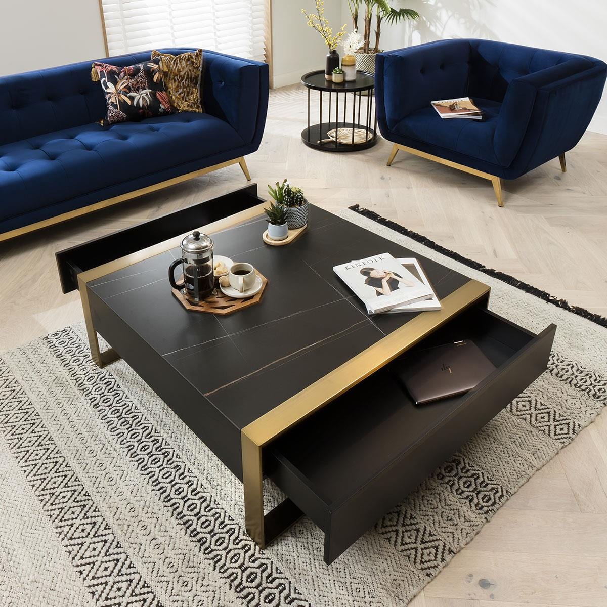 Quatropi Coffee Table Square Matte Black with Brass Frame & Black Ceramic Top