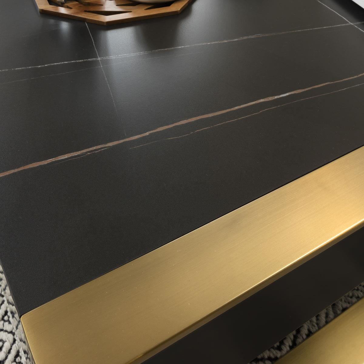 Quatropi Coffee Table Square Matte Black with Brass Frame & Black Ceramic Top