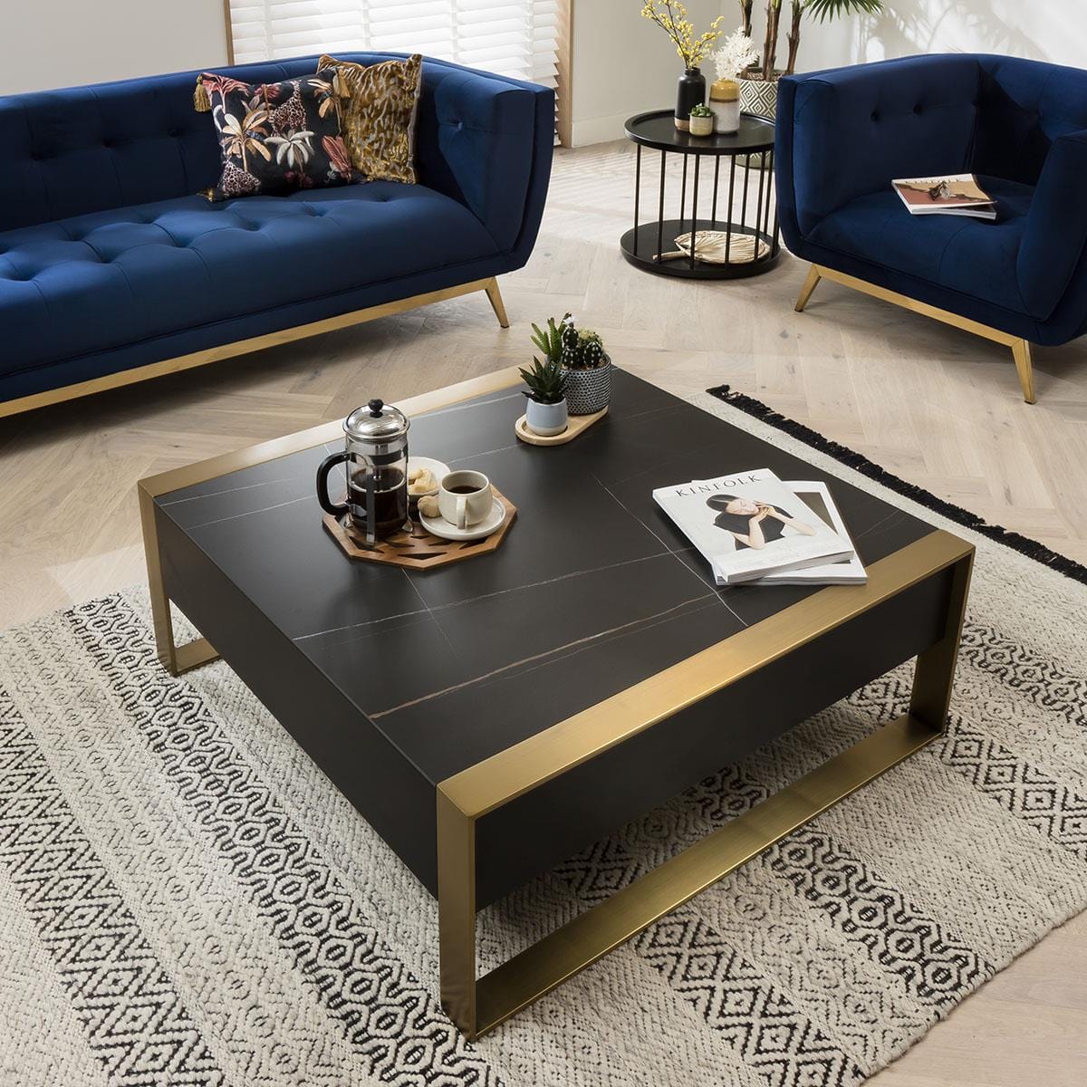 Quatropi Coffee Table Square Matte Black with Brass Frame & Black Ceramic Top