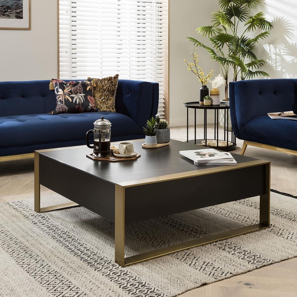Quatropi Coffee Table Square Matte Black with Brass Frame & Black Ceramic Top