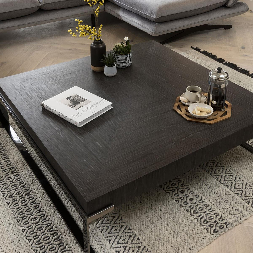 Quatropi Coffee Table Square Smoked Oak Wood Finish & Rifle Grey Metal Legs