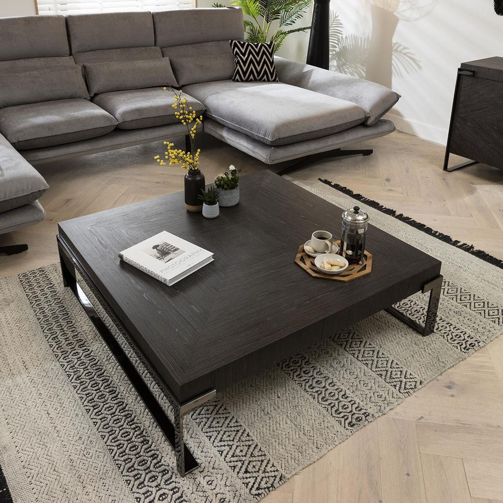 Quatropi Coffee Table Square Smoked Oak Wood Finish & Rifle Grey Metal Legs
