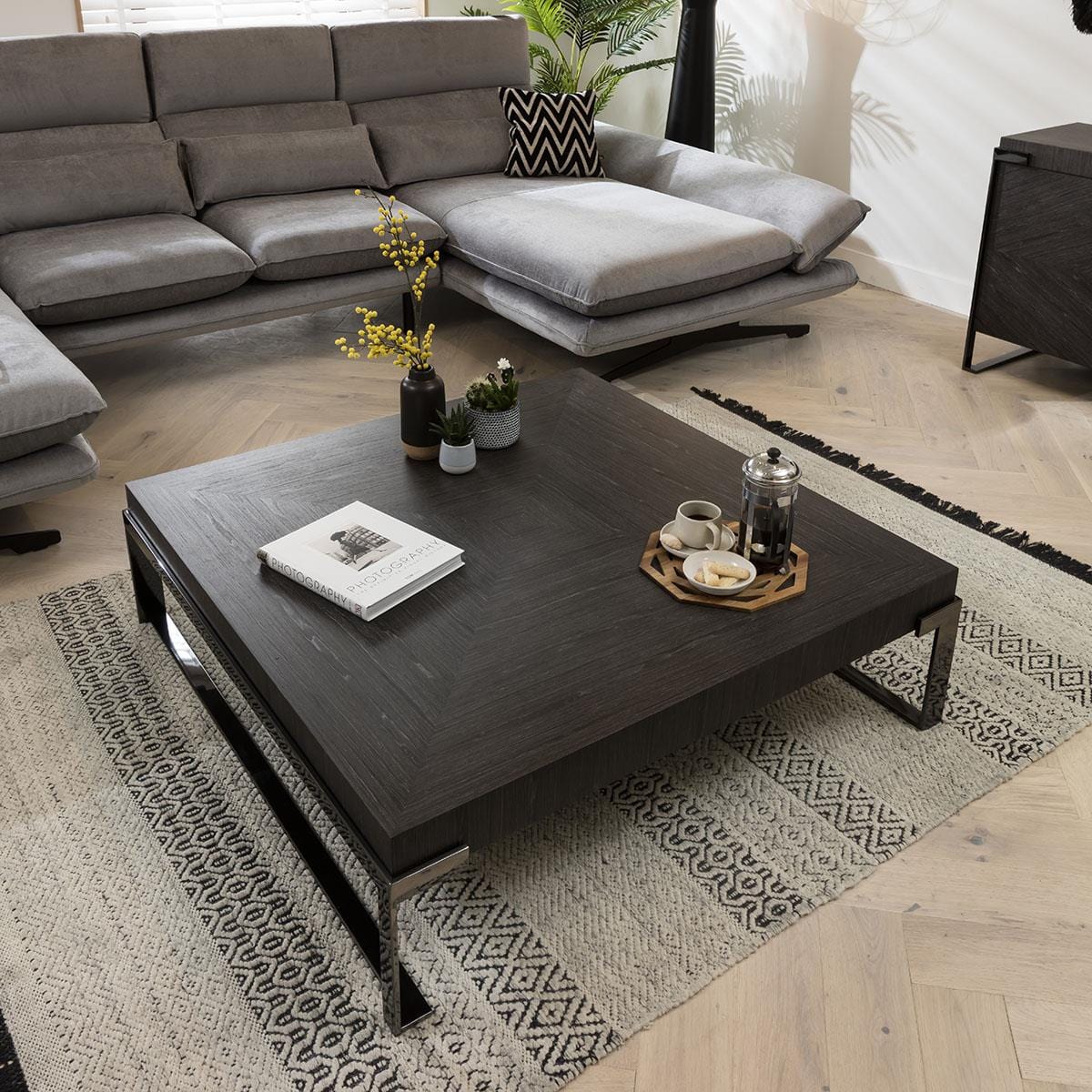 Quatropi Coffee Table Square Smoked Oak Wood Finish & Rifle Grey Metal Legs