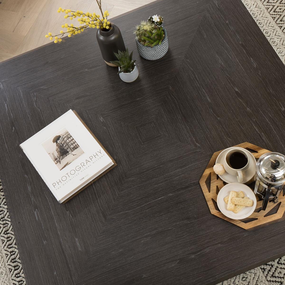 Quatropi Coffee Table Square Smoked Oak Wood Finish & Rifle Grey Metal Legs