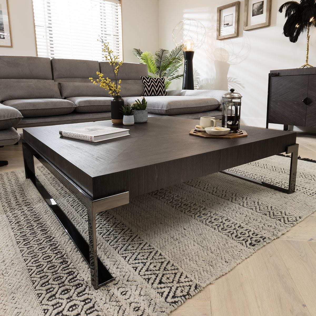 Quatropi Coffee Table Square Smoked Oak Wood Finish & Rifle Grey Metal Legs