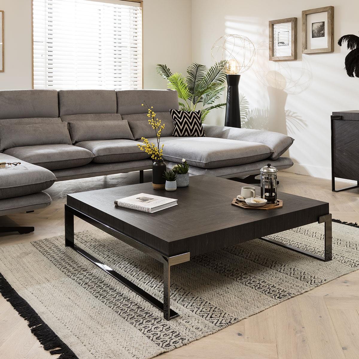 Quatropi Coffee Table Square Smoked Oak Wood Finish & Rifle Grey Metal Legs