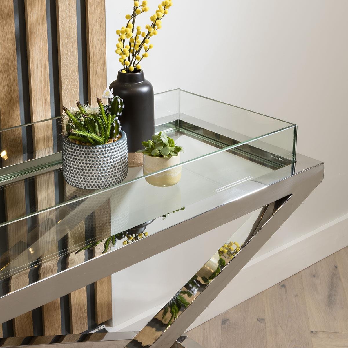 Quatropi Console Table 150cm Clear Glass & Silver Metal X-Frame