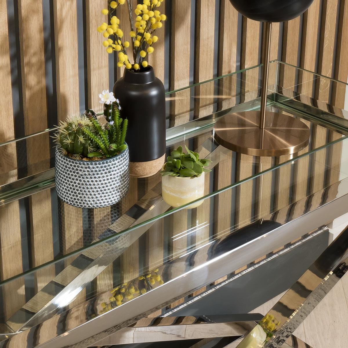 Quatropi Console Table 150cm Clear Glass & Silver Metal X-Frame