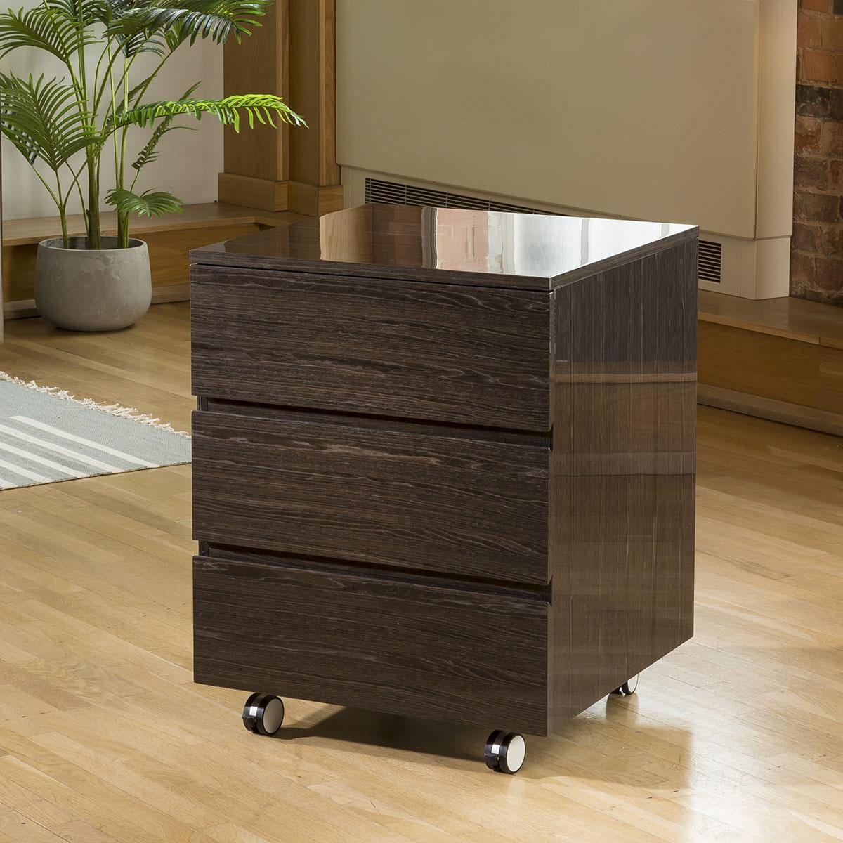 Quatropi Designer Linea Chest Of 3 Drawers Smoked Oak & Wheels