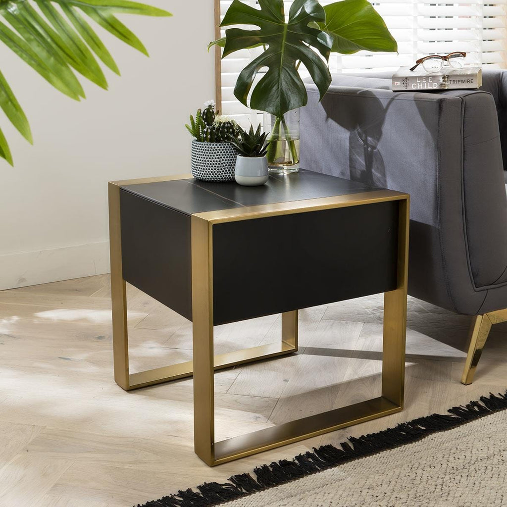Quatropi End Table Matte Black with Brass Frame & Dark Black Ceramic Top