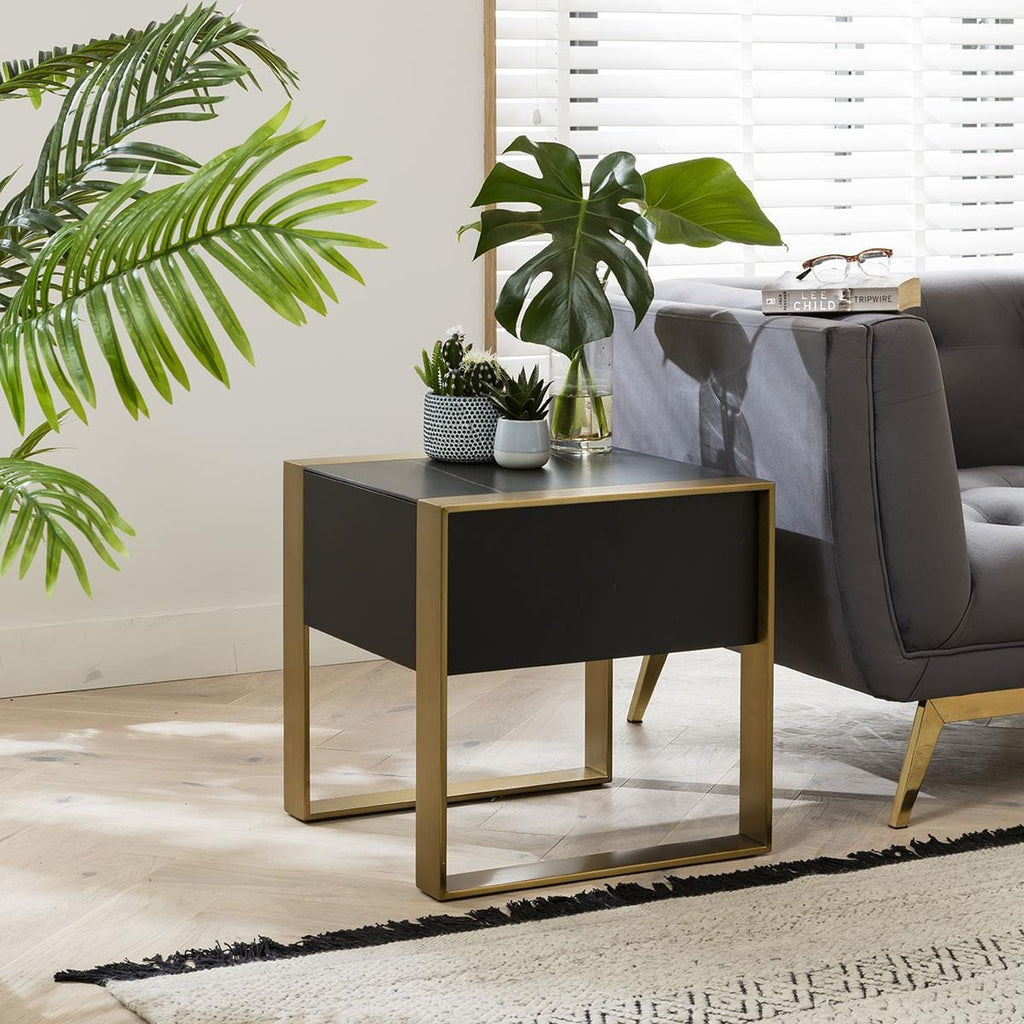 Quatropi End Table Matte Black with Brass Frame & Dark Black Ceramic Top