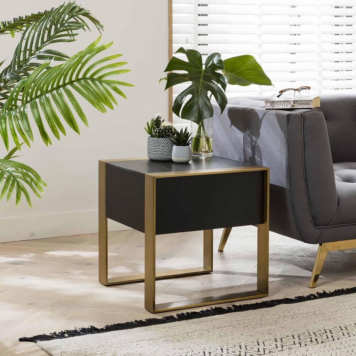 Quatropi End Table Matte Black with Brass Frame & Dark Black Ceramic Top