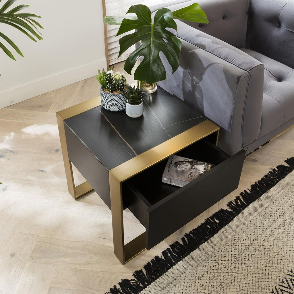 Quatropi End Table Matte Black with Brass Frame & Dark Black Ceramic Top