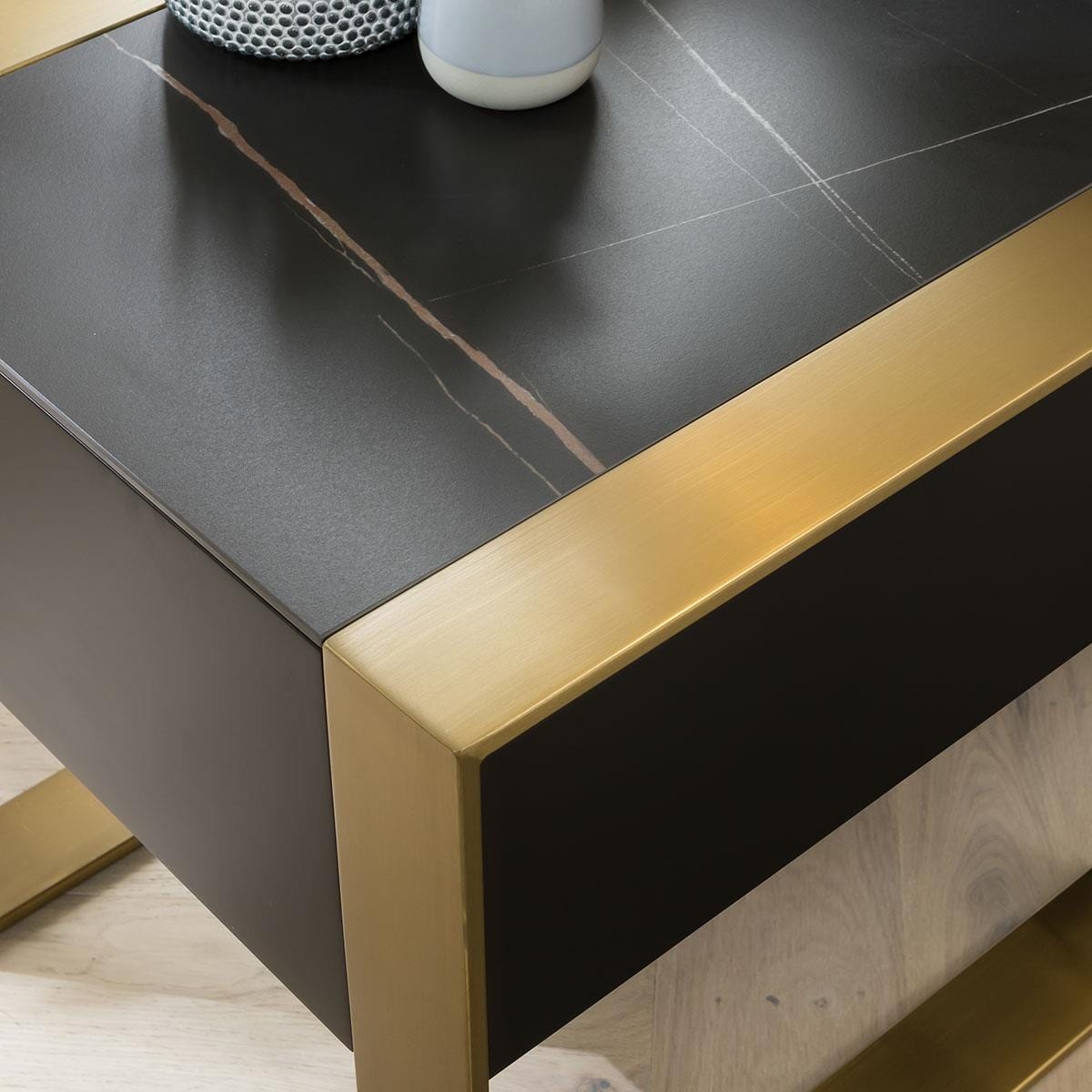 Quatropi End Table Matte Black with Brass Frame & Dark Black Ceramic Top