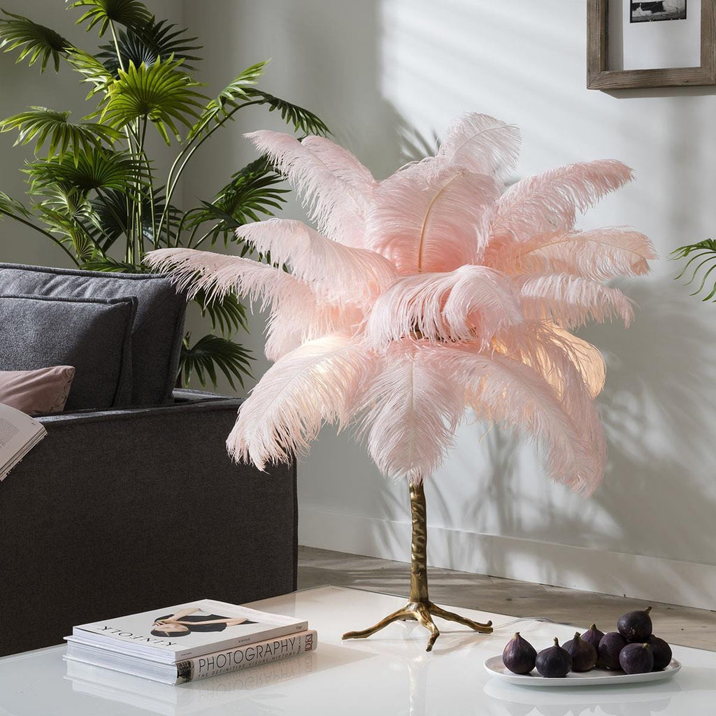 Quatropi Feather Palm Tree Premium Table Lamp 45cm - Pink & Copper