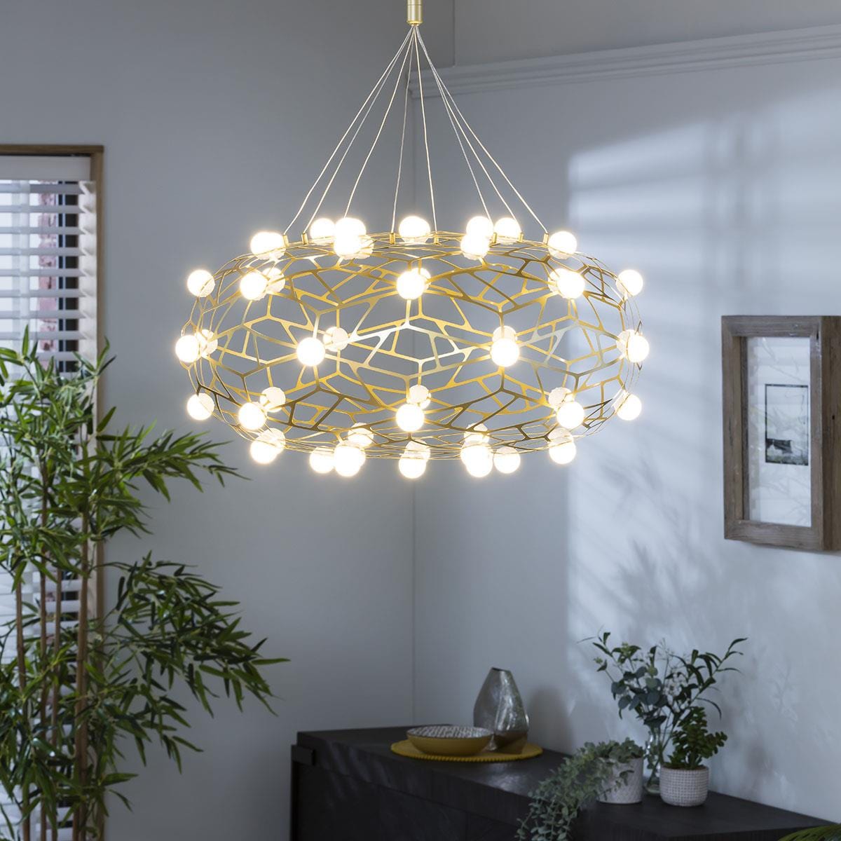Quatropi Geometric Basket Chandelier Ceiling Light - Gold & White 60cm
