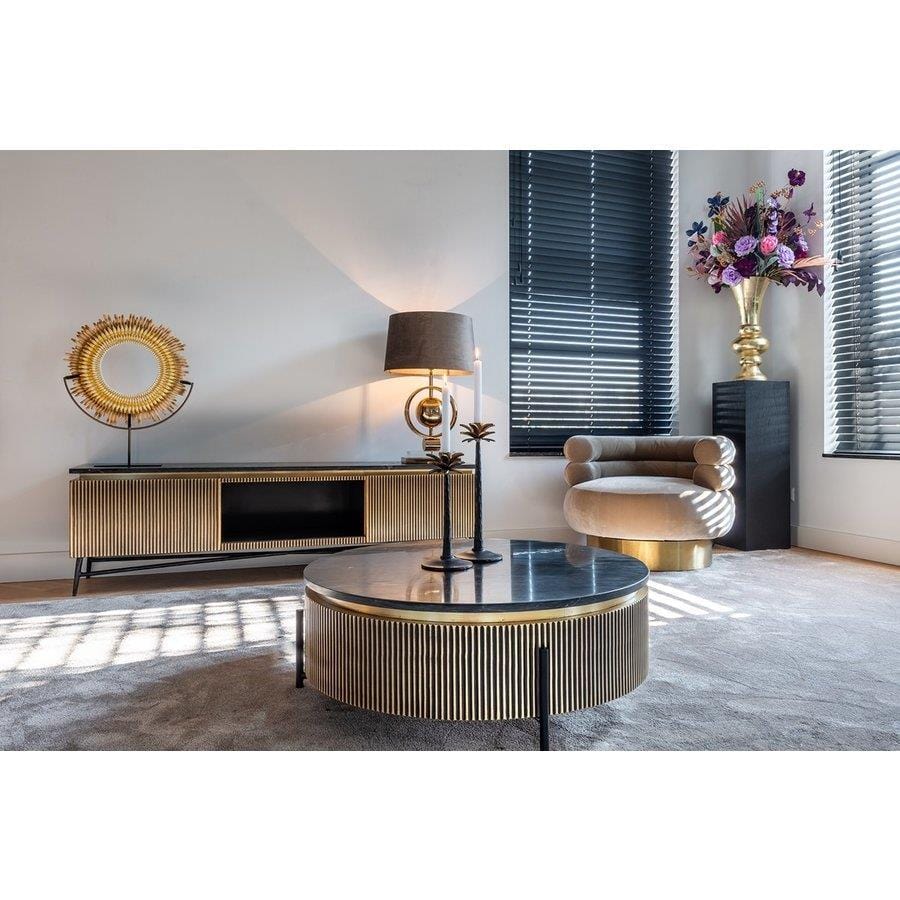 Quatropi Gold Metal Drum Coffee Table - 90cm Round Premium Black Marble Top - Ironville