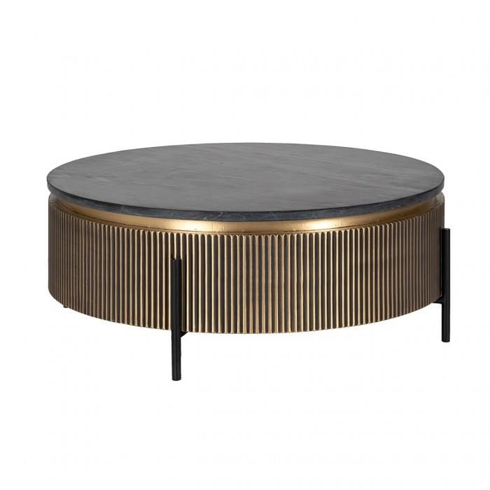 Quatropi Gold Metal Drum Coffee Table - 90cm Round Premium Black Marble Top - Ironville