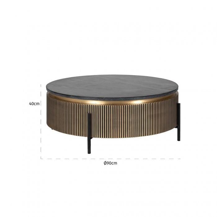 Quatropi Gold Metal Drum Coffee Table - 90cm Round Premium Black Marble Top - Ironville