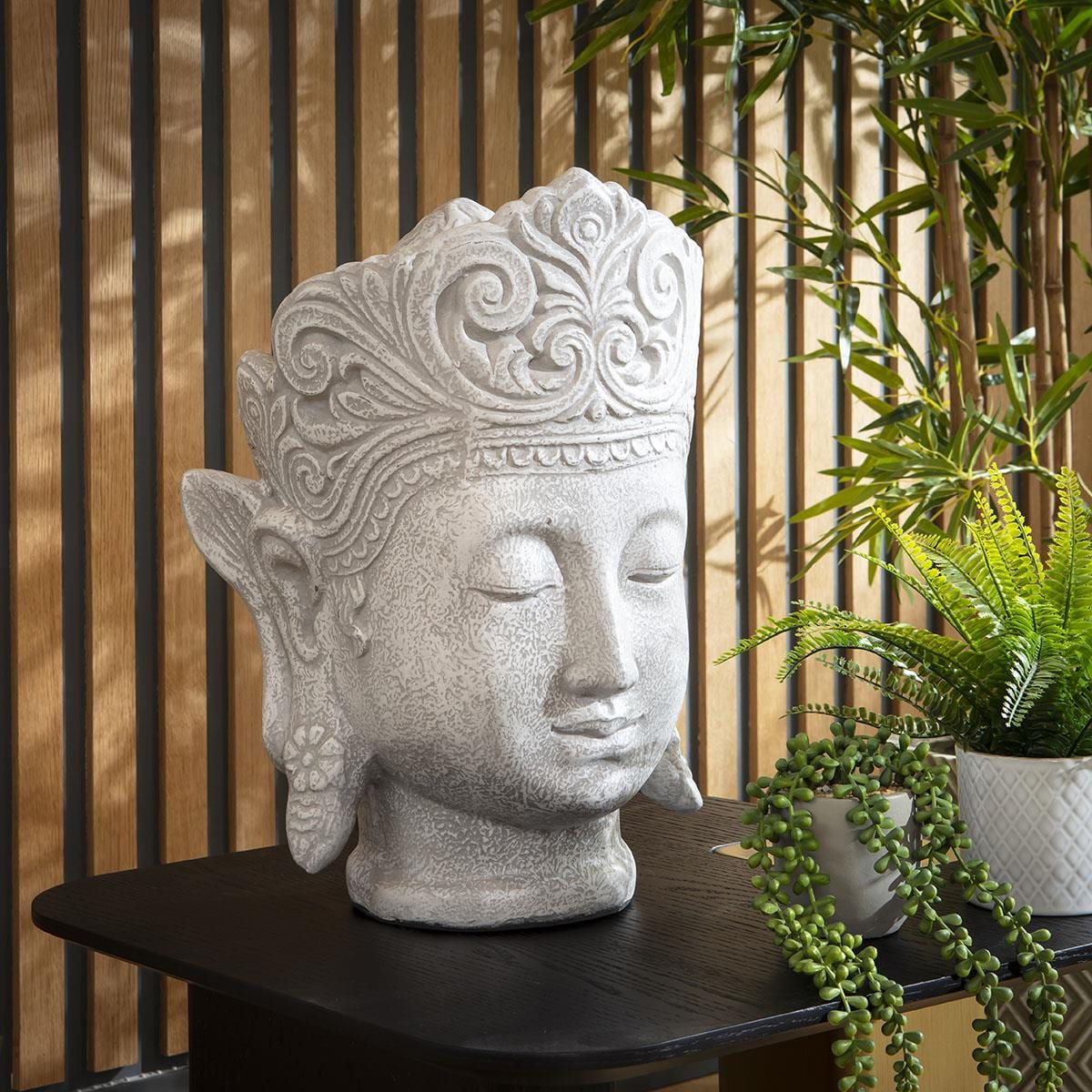 Quatropi Handcrafted Thai Lady Budha Face Natural Grey Wash 50cm Tall