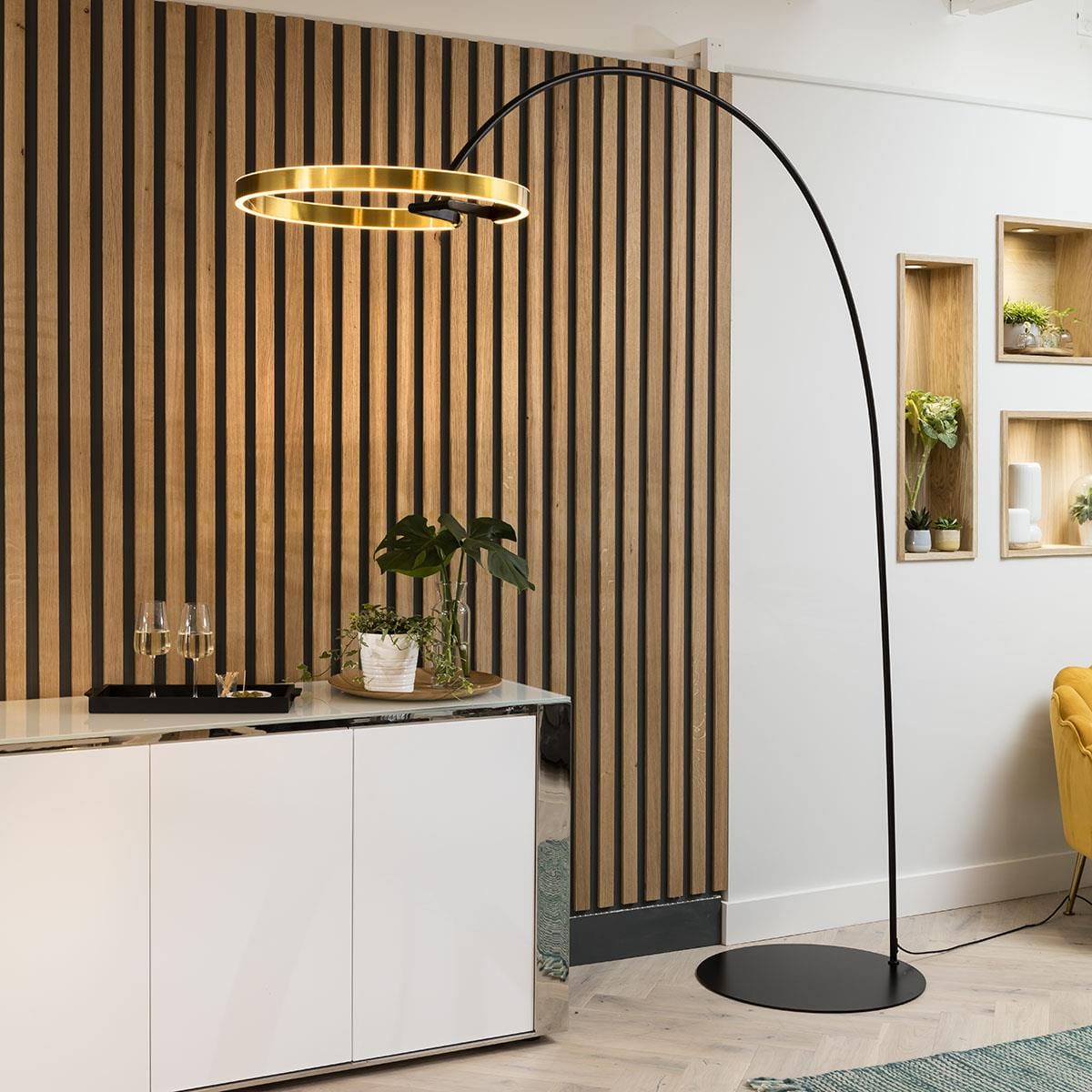 Quatropi Large Arc Overreach Floor Lamp - Black Curved Stemp, Gold LED Ring