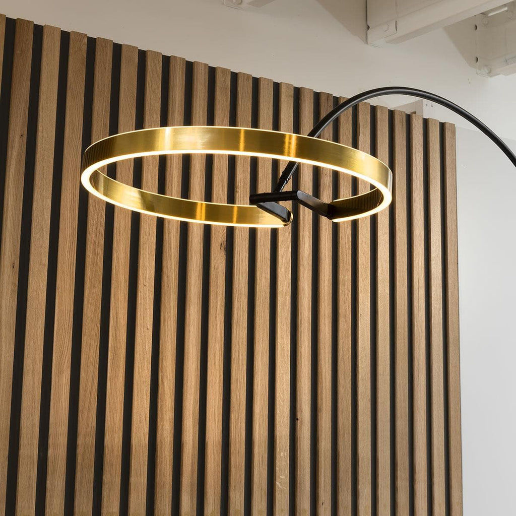 Quatropi Large Arc Overreach Floor Lamp - Black Curved Stemp, Gold LED Ring