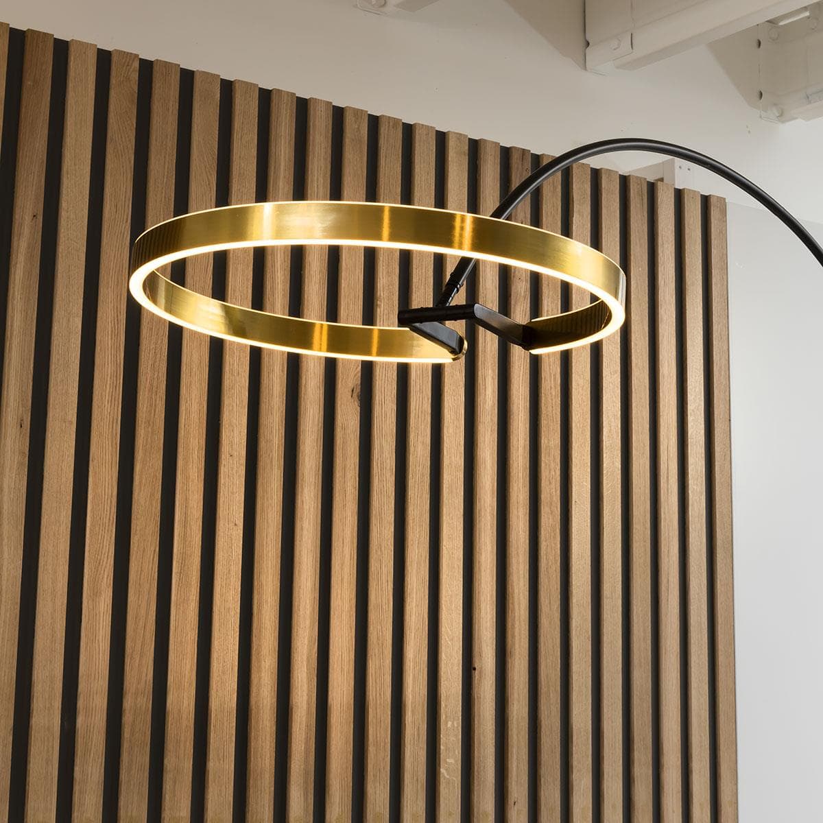 Quatropi Large Arc Overreach Floor Lamp - Black Curved Stemp, Gold LED Ring