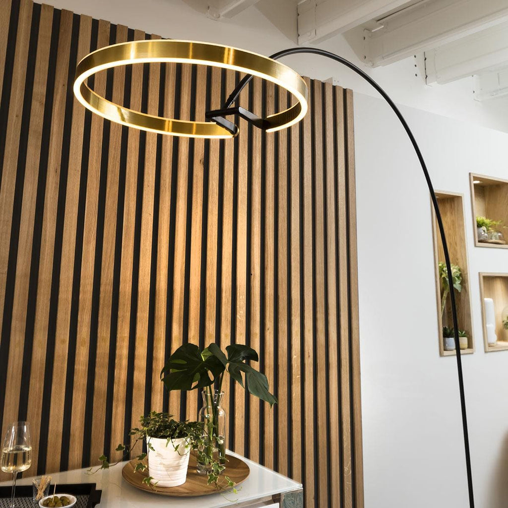 Quatropi Large Arc Overreach Floor Lamp - Black Curved Stemp, Gold LED Ring