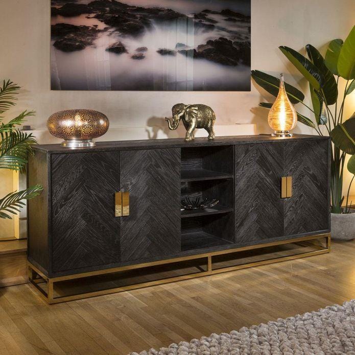 Quatropi Large Black Oak and Gold Sideboard Dining Cabinet 225cm
