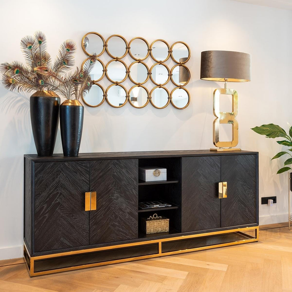 Quatropi Large Black Oak and Gold Sideboard Dining Cabinet 225cm