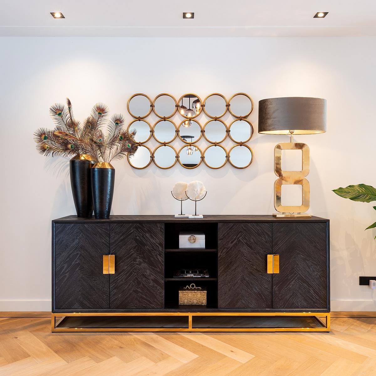Quatropi Large Black Oak and Gold Sideboard Dining Cabinet 225cm