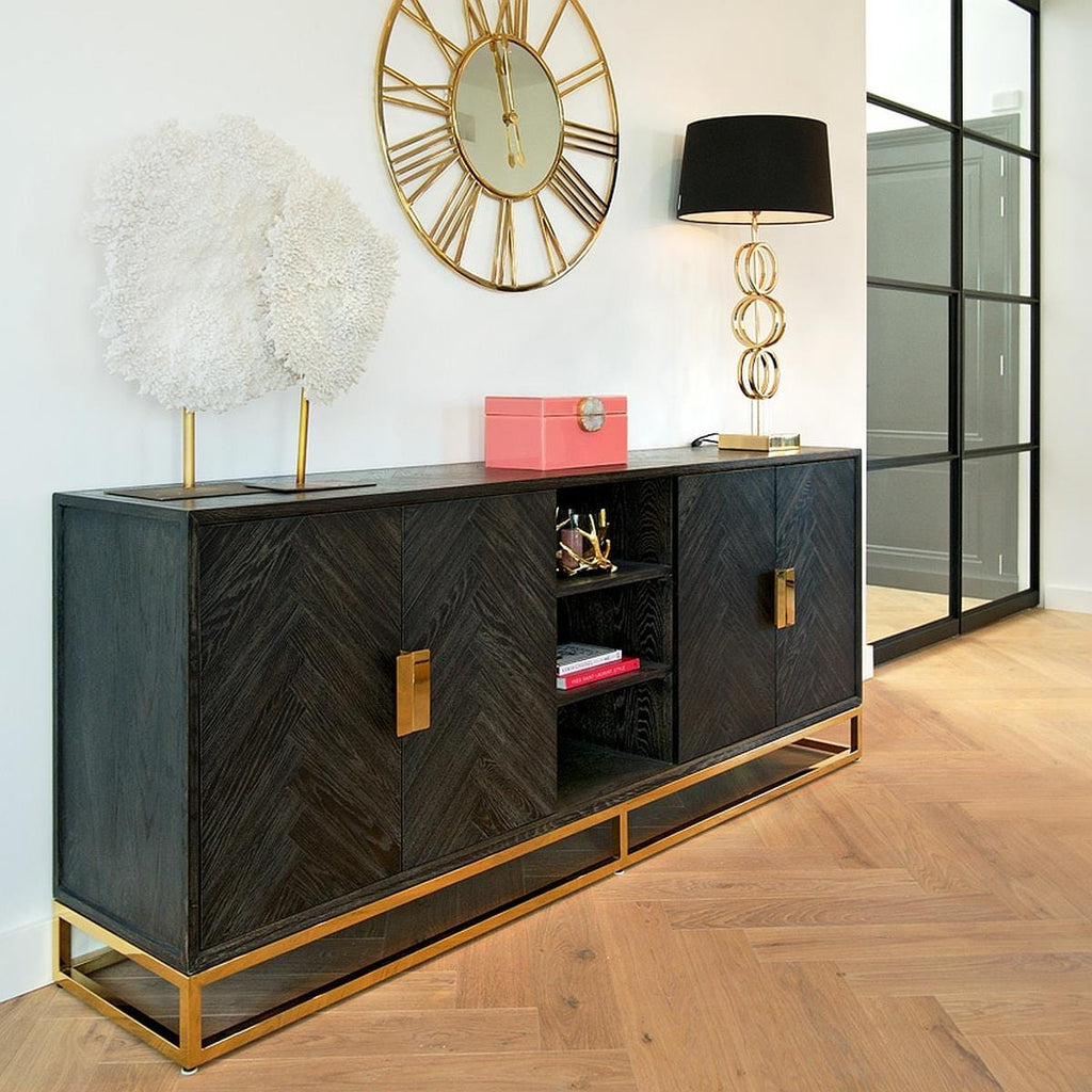 Quatropi Large Black Oak and Gold Sideboard Dining Cabinet 225cm