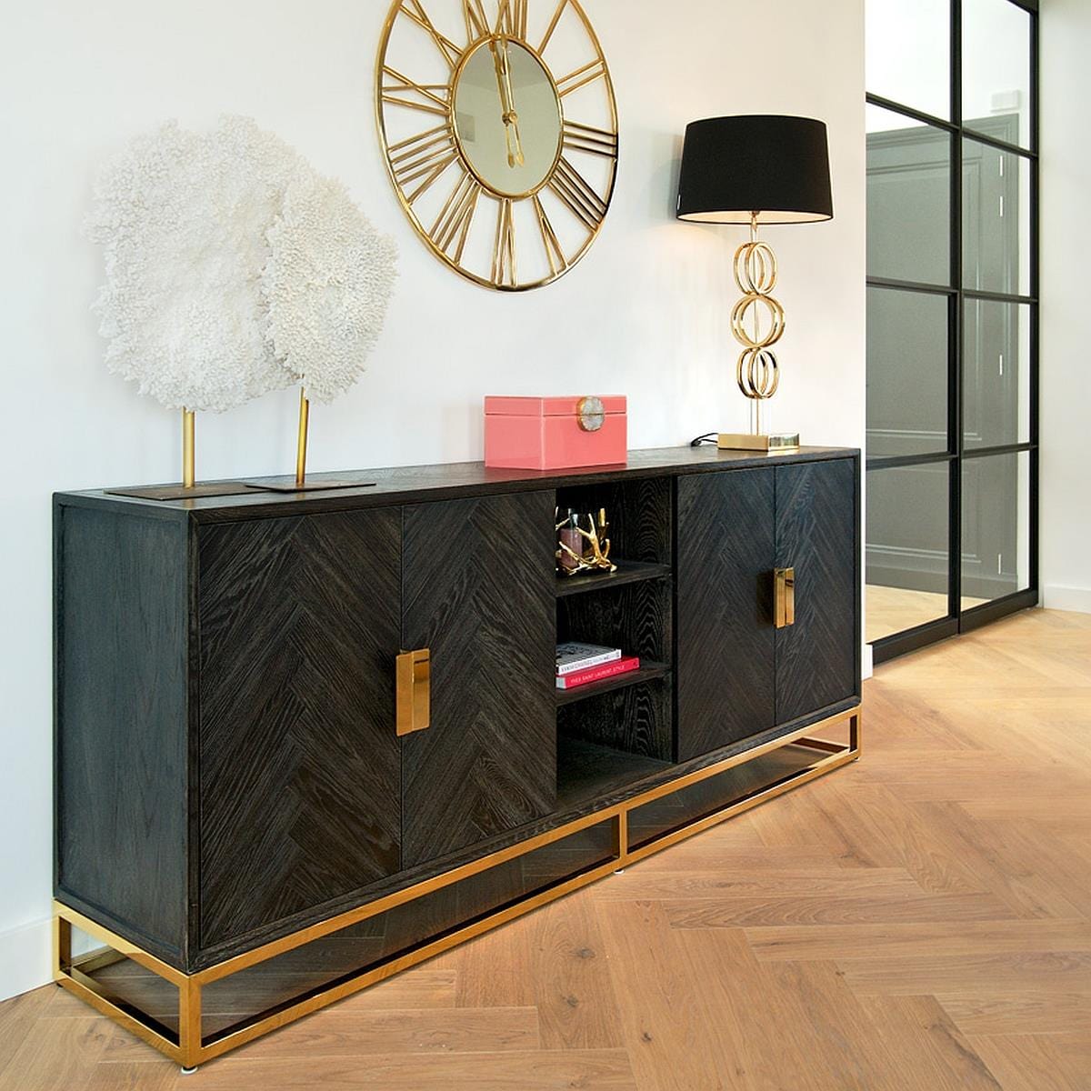 Quatropi Large Black Oak and Gold Sideboard Dining Cabinet 225cm