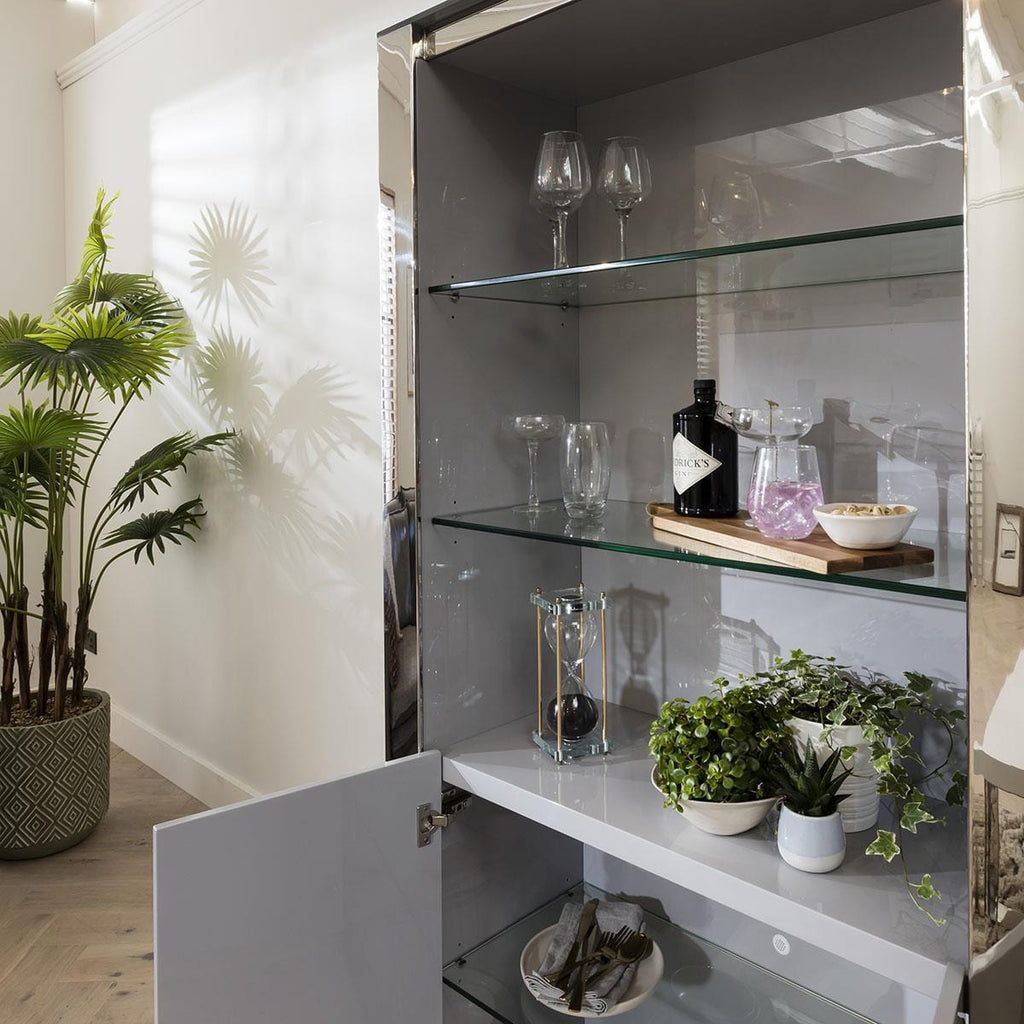 Quatropi Large Display Case Grey Gloss - Glass Shelving & Polished Metal Frame