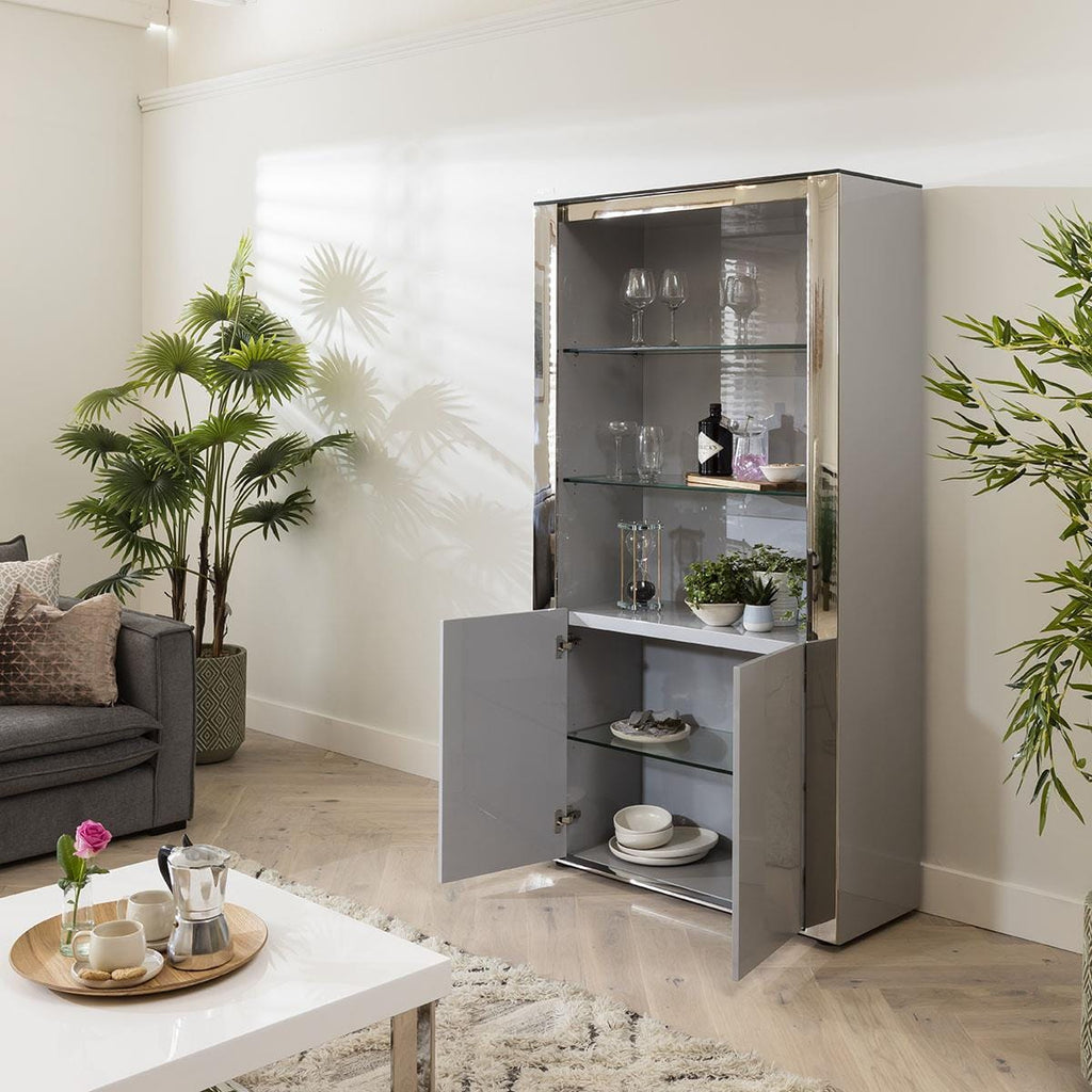 Quatropi Large Display Case Grey Gloss - Glass Shelving & Polished Metal Frame