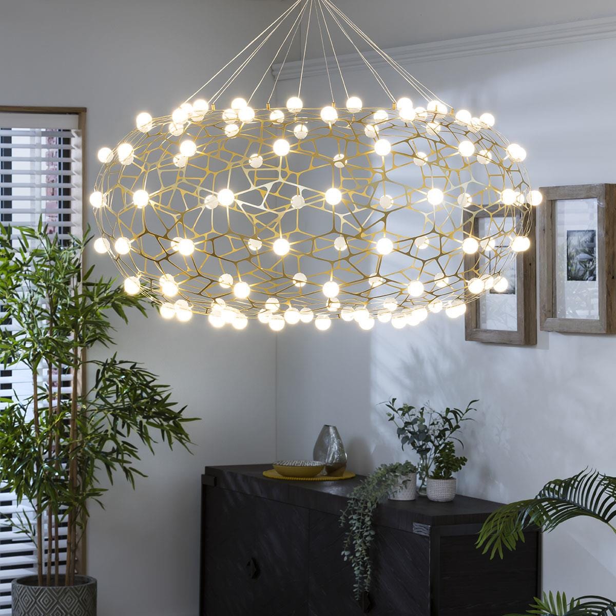 Quatropi Large Geometric Basket Chandelier Ceiling Light - Gold & White 100cm