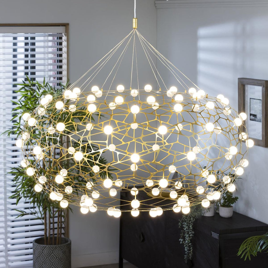 Quatropi Large Geometric Basket Chandelier Ceiling Light - Gold & White 100cm