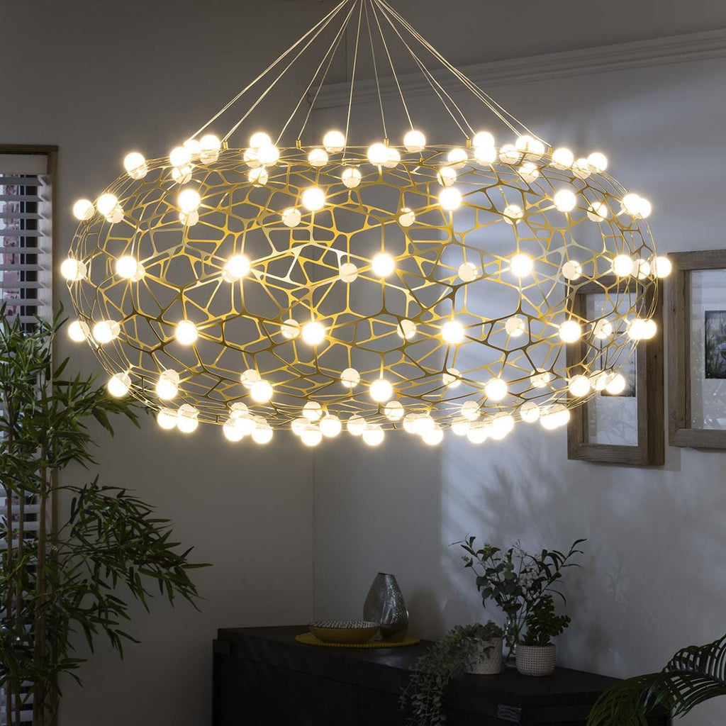 Quatropi Large Geometric Basket Chandelier Ceiling Light - Gold & White 100cm