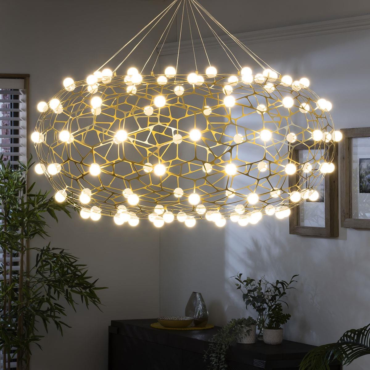 Quatropi Large Geometric Basket Chandelier Ceiling Light - Gold & White 100cm