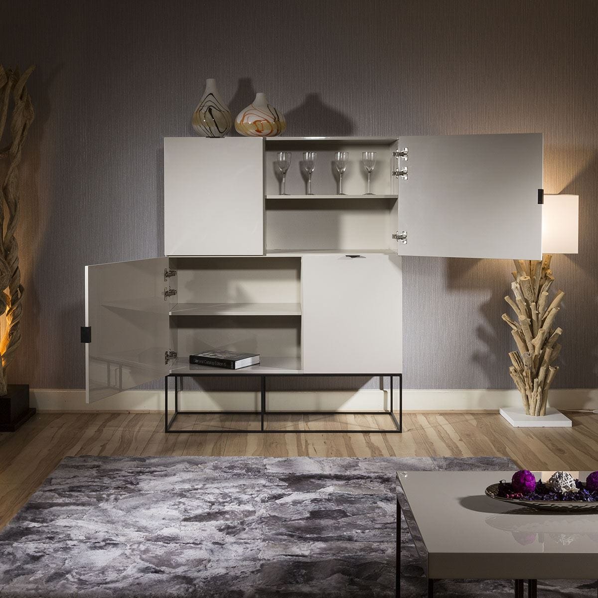 Quatropi Modern Tall Cabinet / Sideboard in light Grey Gloss New 1411
